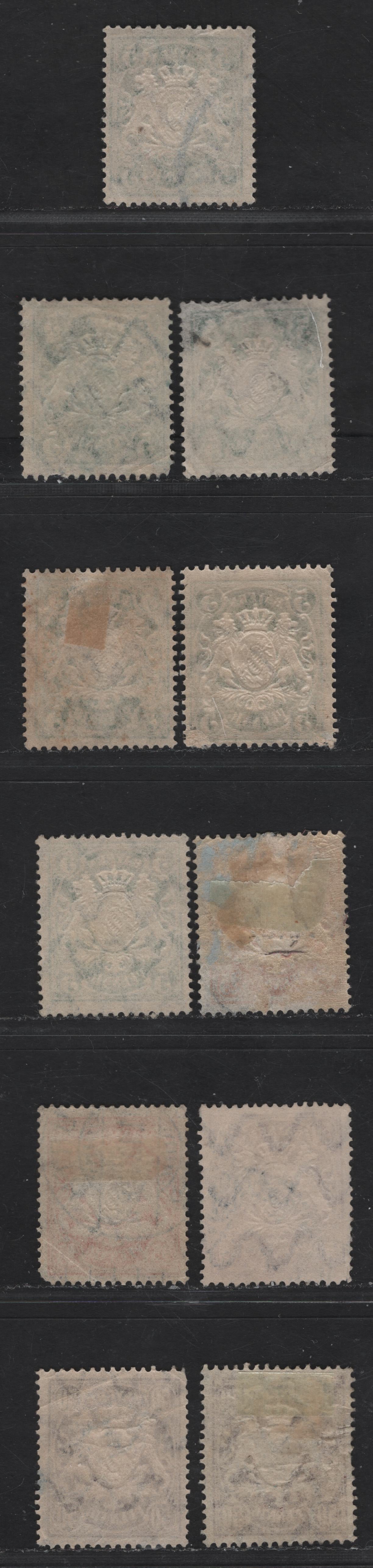 Bavaria #62, 66, 70 5pf Dark Green, Yellow Orange, Reddish Orange, Maroon, Light Maroon, Pale Maroon, 1888-1900 Embossed Arms Issue On White Paper, Perf 14x14 1/2, 11 Fine Used Singles