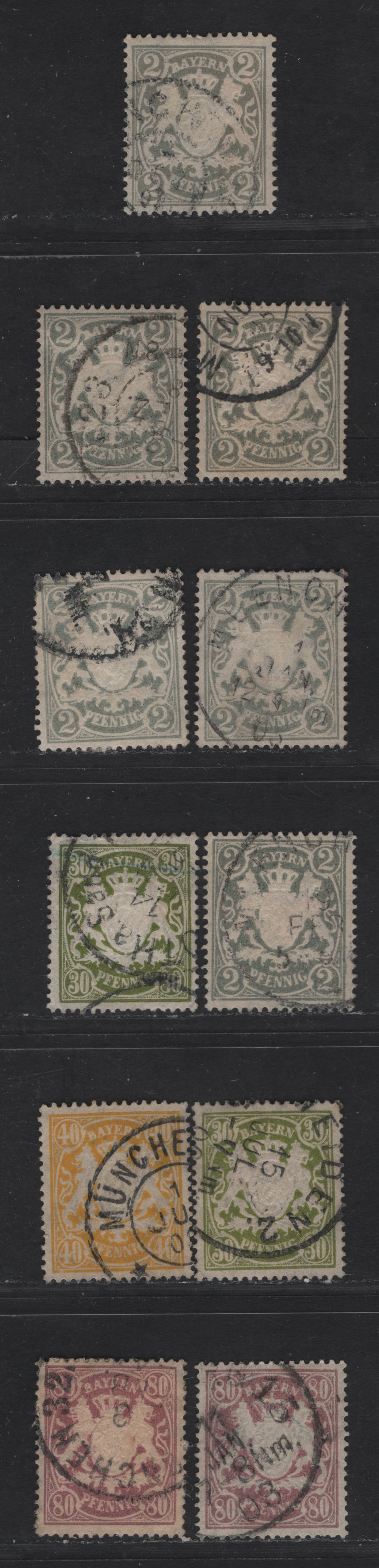 Bavaria #58, 67, 68, 71 2pf Grey, 30pf Olive Green & Bright Olive Green, 40pf Yellow, 80pf Lilac & Brownish Lilac, 1888-1900 Embossed Arms Issue On White Paper, Perf 14x14 1/2, 11 Very Fine Used Singles 6 Shades Of Grey