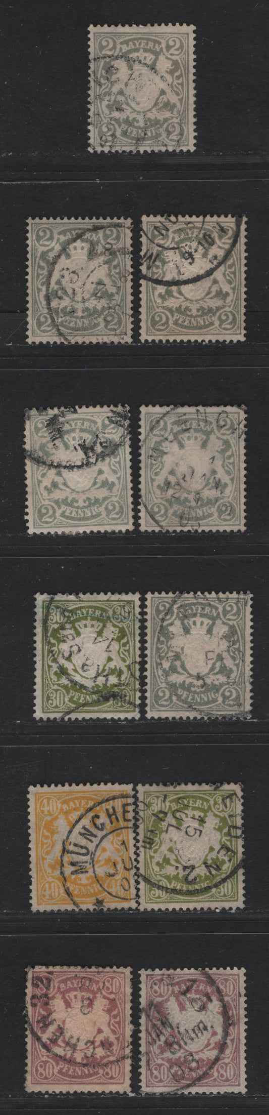 Bavaria #58, 67, 68, 71 2pf Grey, 30pf Olive Green & Bright Olive Green, 40pf Yellow, 80pf Lilac & Brownish Lilac, 1888-1900 Embossed Arms Issue On White Paper, Perf 14x14 1/2, 11 Very Fine Used Singles 6 Shades Of Grey