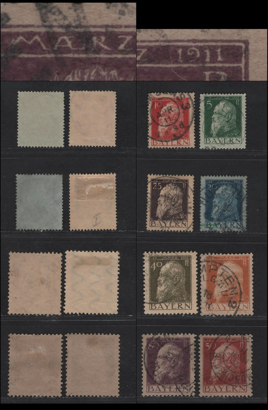 Bavaria Michel# 77I,78I,79Ib,80I,81I,82I,83I,85I, Scott#78/85 5pf Dark Green On Greenish / 80pf Violet On Grey Brown, 1911 Prince Regent Luitpold 90th Birthday Issue, 8 F&VF Used Singles All Type 1
