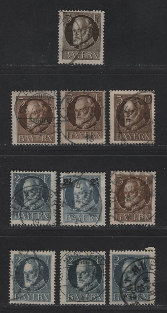 Bavaria Michel# 96Ib, Scott#94-95, 115 2pf Grey, 2 1/2pf Grey & 3pf Brown, 1914-1920 King Ludwig III Issue, 10 Fine Used Singles Wartime Printings, All With Dated Postal Cancels Between 1916 & 1920