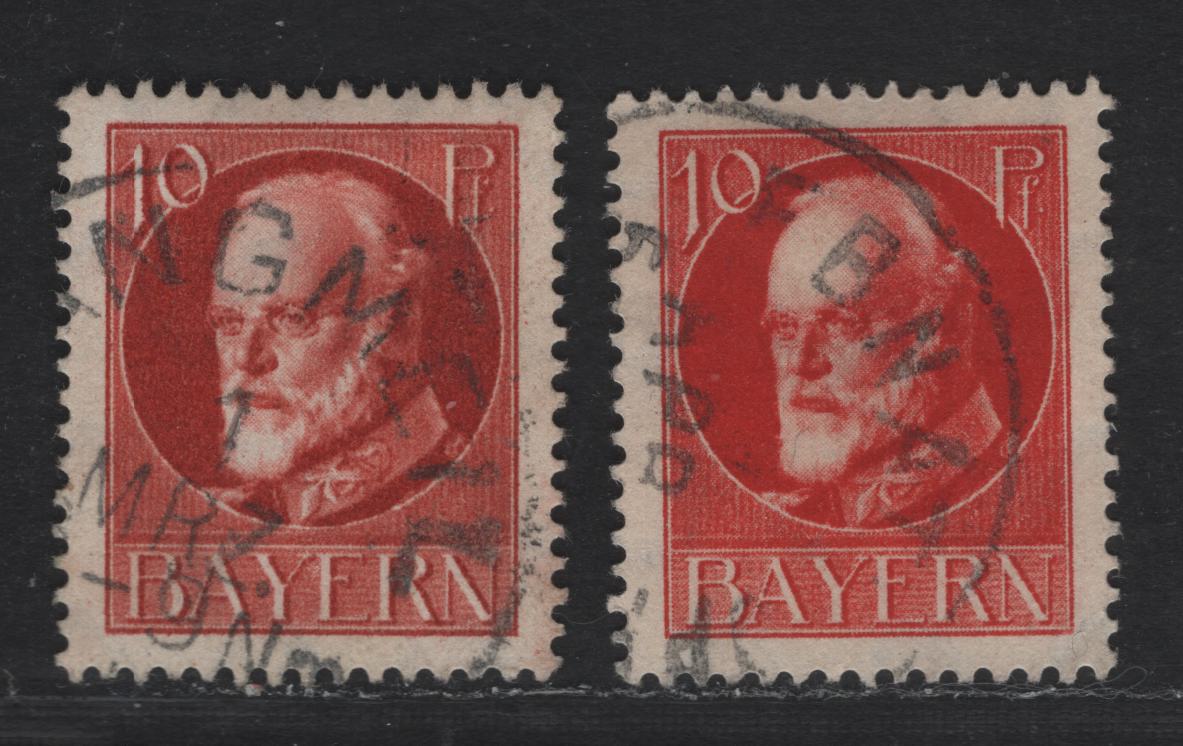 Bavaria Michel# 96Ib, Scott#98 10pf Dark Brownish Red, 1914-1920 King Ludwig III Issue, 2 VF Used Singles The Scarce Shade Of The Pre-War Period. Most Are Dark Orange Red, With Normal For Comparison