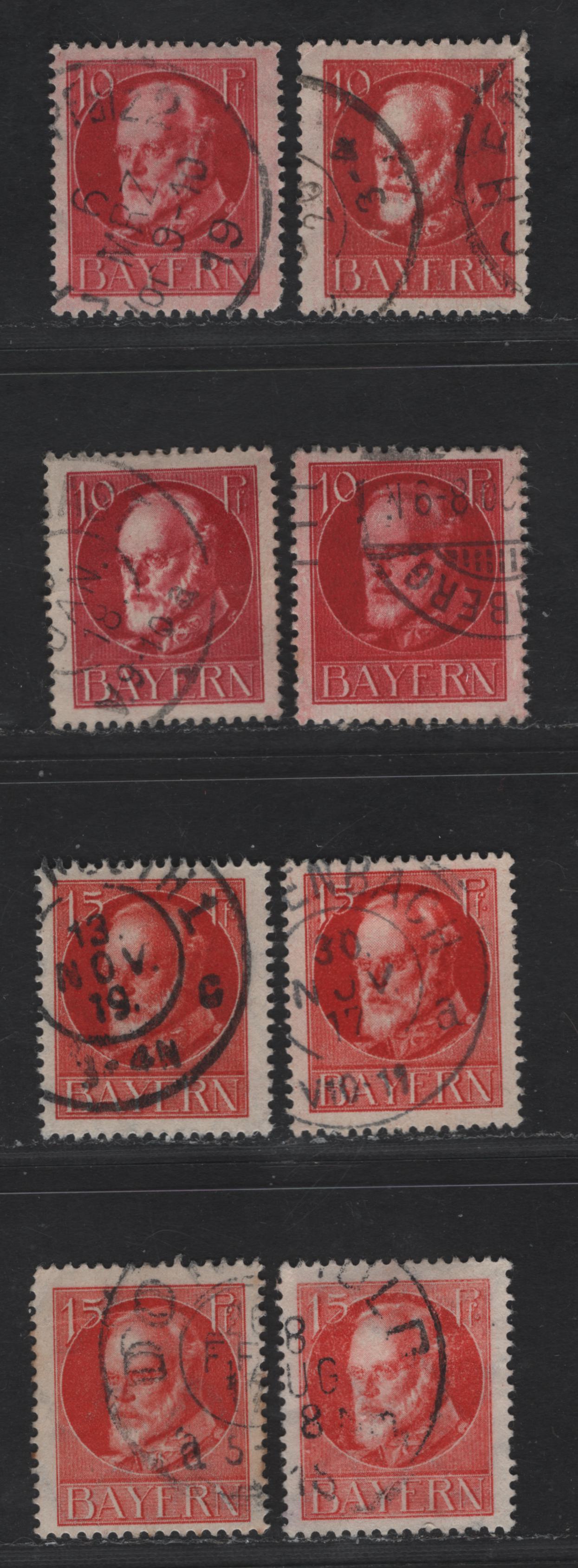 Bavaria #99-100 10pf Carmine - 15pf Vermilion, 1914-1920 King Ludwig III Issue, 8 F&VF Used Singles Various Shades Of The Wartime Printing, All With Dated Cancels. Mostly Between 1916 & 1920