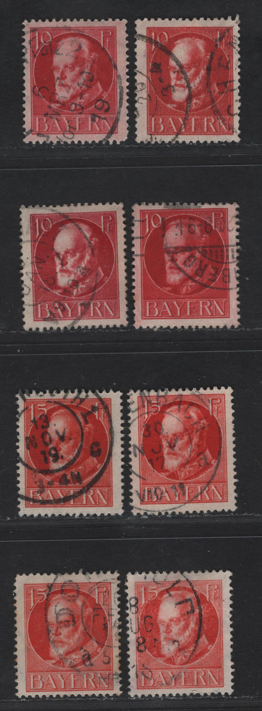 Bavaria #99-100 10pf Carmine - 15pf Vermilion, 1914-1920 King Ludwig III Issue, 8 F&VF Used Singles Various Shades Of The Wartime Printing, All With Dated Cancels. Mostly Between 1916 & 1920