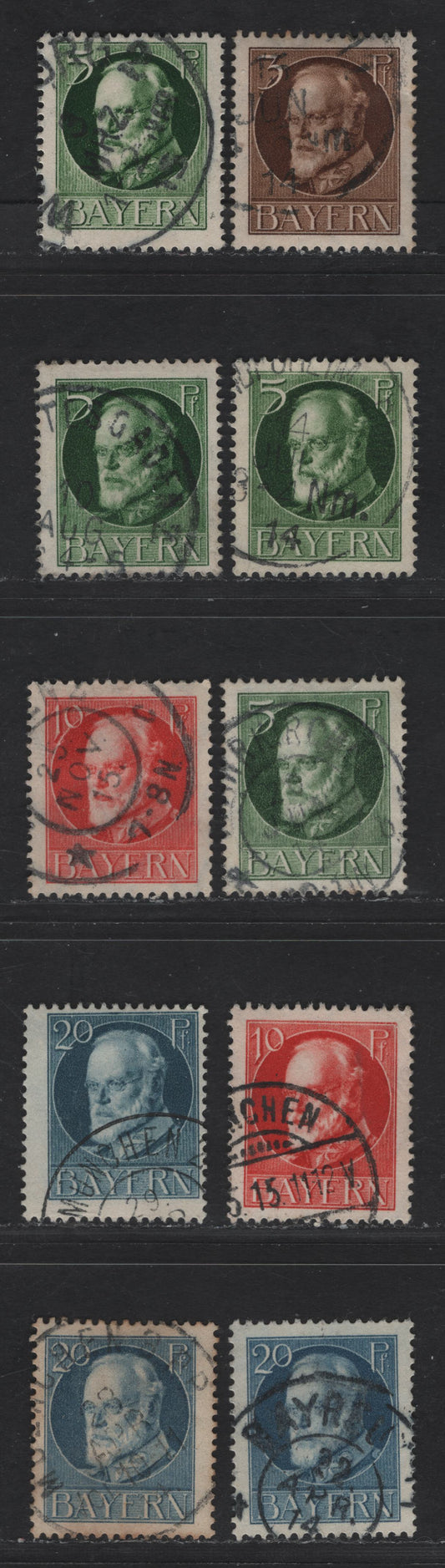 Bavaria #95c, 96e, 98c, 102a 3pf Brown - 20pf Blue, 1914-1920 King Ludwig III Issue, 10 F & VF Used Singles Various Shades Of Pre War Printings, All With Dated Postal Cancellations Between 1914 And Dec. 1915