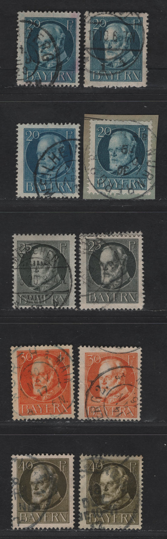 Bavaria #102-105 40pf Olive Green, 1914-1920 King Ludwig III Issue, 10 F & VF Used Singles Various Shades Of Wartime Printings, All With Dated CDS Cancels After Dec.31, 1915