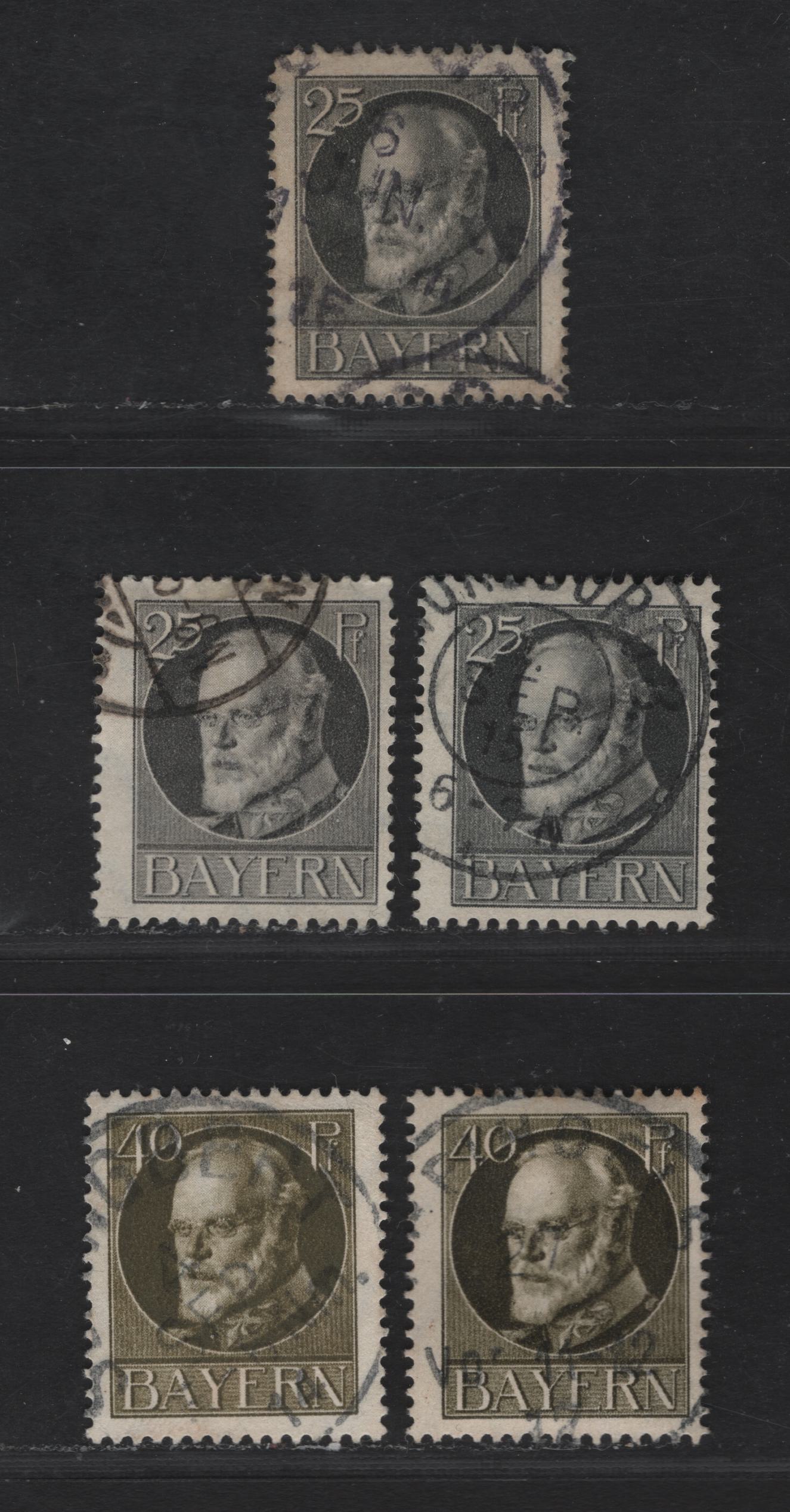 Bavaria #103a, 105a 25pf Grey - 40pf Olive Green, 1914-1920 King Ludwig III Issue, 5 F & VF Used Singles Various Shades Of Pre War Printings, Mostly All With Dated Cancels Pre Dec. 1915