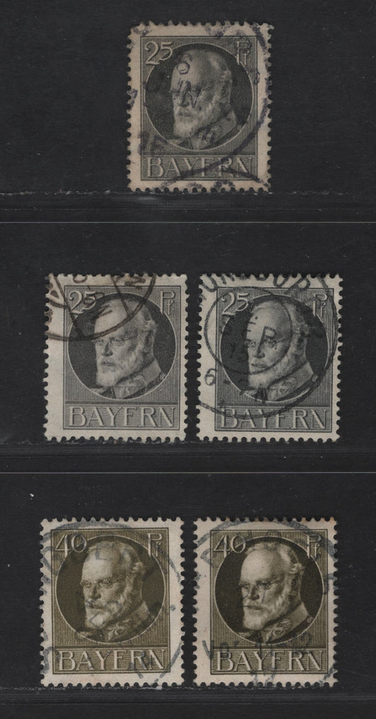 Bavaria #103a, 105a 25pf Grey - 40pf Olive Green, 1914-1920 King Ludwig III Issue, 5 F & VF Used Singles Various Shades Of Pre War Printings, Mostly All With Dated Cancels Pre Dec. 1915