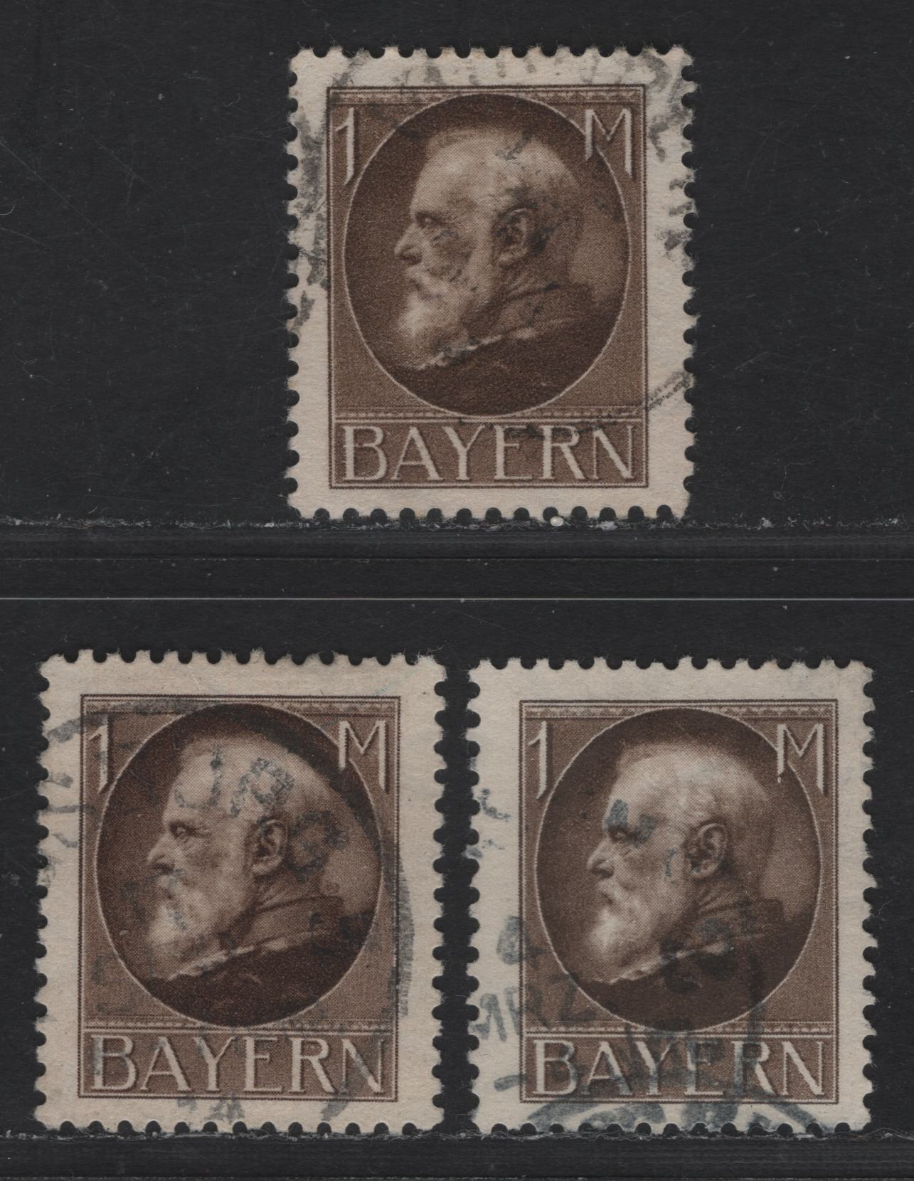Bavaria Michel# 104Ia-104Ib, Scott#109 1m Dark Ochre Brown, Dark Brown(2 Shades), 1914-1920 King Ludwig III Issue, 3 VF Used Singles Pre-War Printings, With Clear Impression