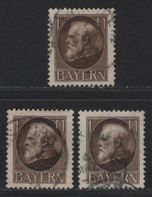 Bavaria Michel# 104Ia-104Ib, Scott#109 1m Dark Ochre Brown, Dark Brown(2 Shades), 1914-1920 King Ludwig III Issue, 3 VF Used Singles Pre-War Printings, With Clear Impression