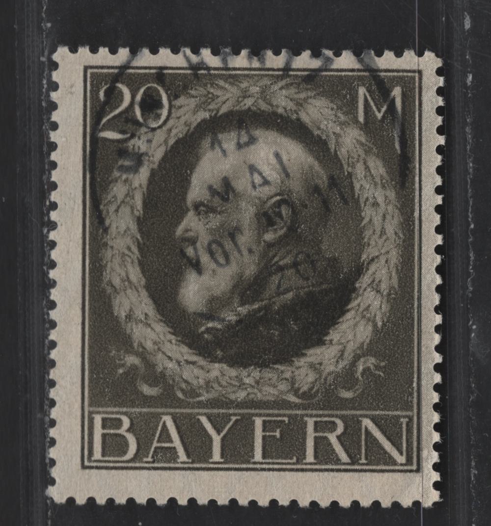Lot 169 Bavaria #114 20m Deep Grey Brown, 1914-1920 King Ludwig III Issue, A VG Used Single Wartime Printing With May 4, 1920 Postal Cancel, But Small Corner Crease At Lower Right