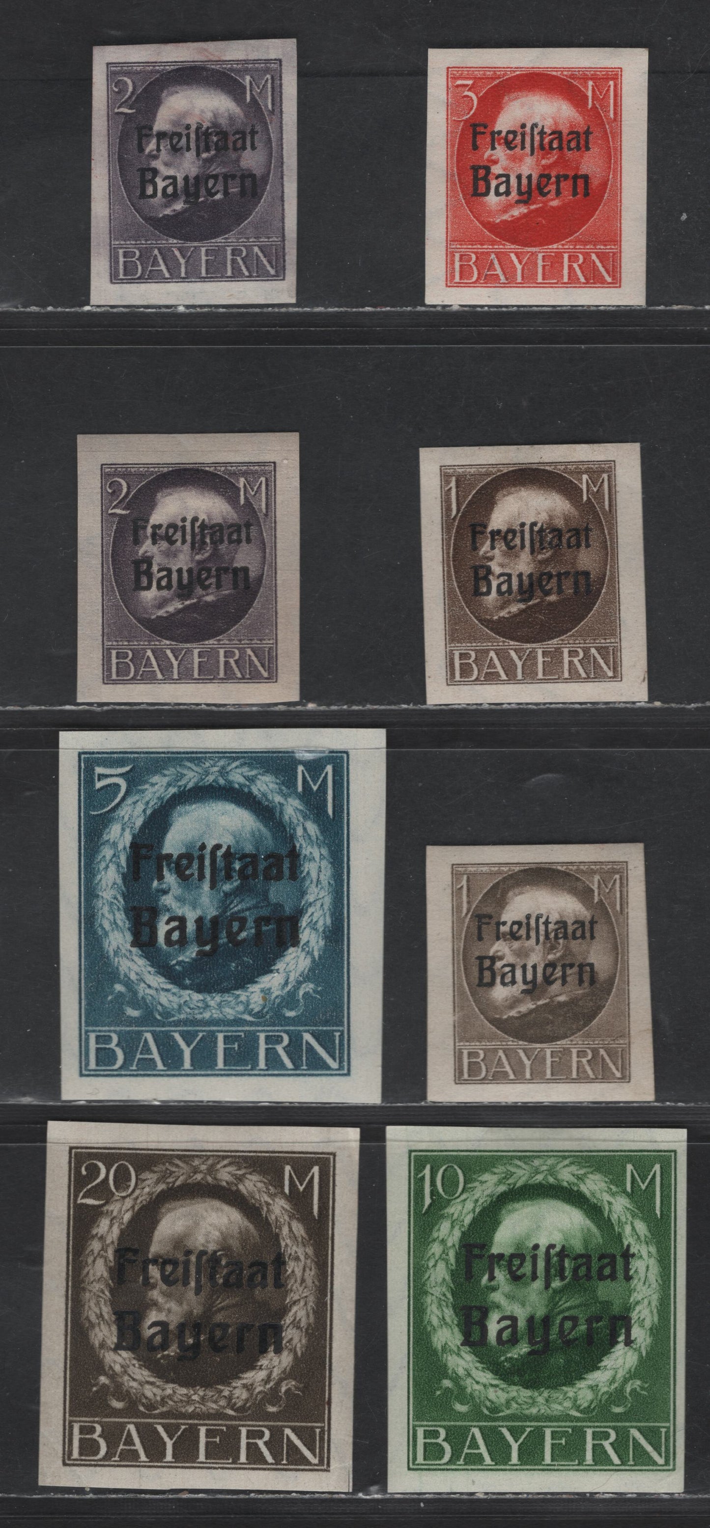 Lot 169 Bavaria #225-230 1m Deep Dive Brown - 20m Deep Grey Brown, 1919-1920 Free State Overprints On High Values Of the Ludwig III Issue, 8 VFOG Singles Wartime Printings With Extra Shades Of 1m & 2m