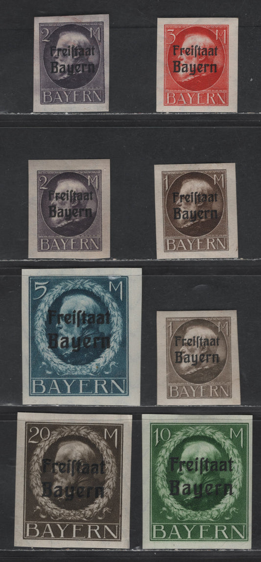 Lot 169 Bavaria #225-230 1m Deep Dive Brown - 20m Deep Grey Brown, 1919-1920 Free State Overprints On High Values Of the Ludwig III Issue, 8 VFOG Singles Wartime Printings With Extra Shades Of 1m & 2m