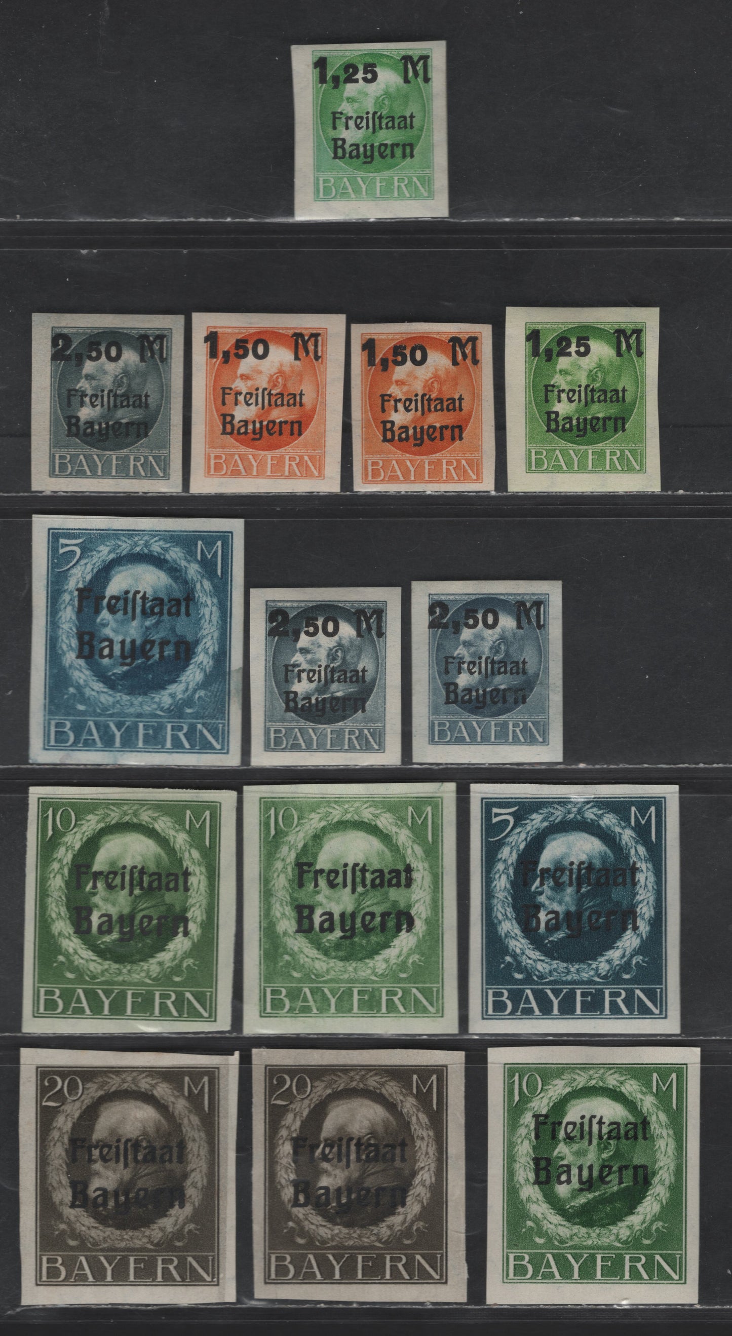 Lot 170 Bavaria #228-233 5m Deep Blue - 2.50m On 1m Slate, 1919-1920 Free State Overprints On High Values Of the Ludwig III Issue, 14 VFOG Singles Plus Surcharges With Shade Variations