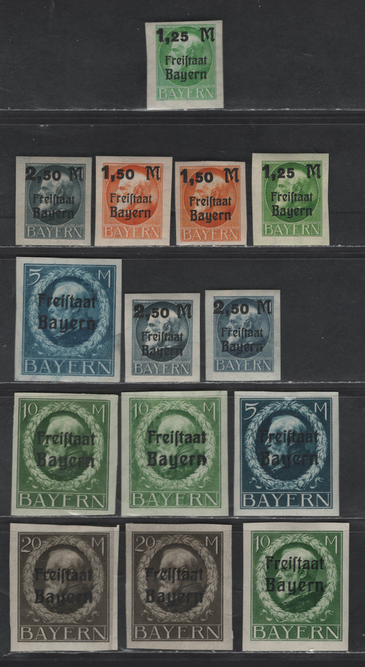 Lot 170 Bavaria #228-233 5m Deep Blue - 2.50m On 1m Slate, 1919-1920 Free State Overprints On High Values Of the Ludwig III Issue, 14 VFOG Singles Plus Surcharges With Shade Variations