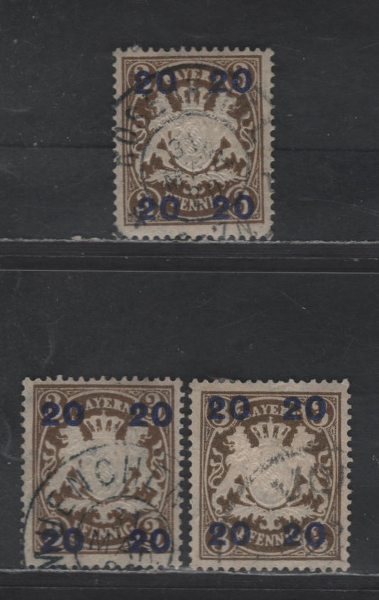 Bavaria Michel# 177IIy&177IIy, Scott# 237 20pf On 3pf Shades Of Olive Brown & Grey Brown, 1920 Surcharge On Embossed Arms Issue, 3 F & VF Used Singles Types 1 & 2