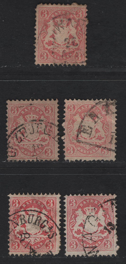 Bavaria #24 3kr Rose Shades, 1870-1872 Embossed Arms Issue With Perf 11 1/2, Wmk 17mm Wide Lozenges, 5 Fine Used Singles Deep Rose, Lilac Rose, Rose, Pale Rose, Pinkish Rose
