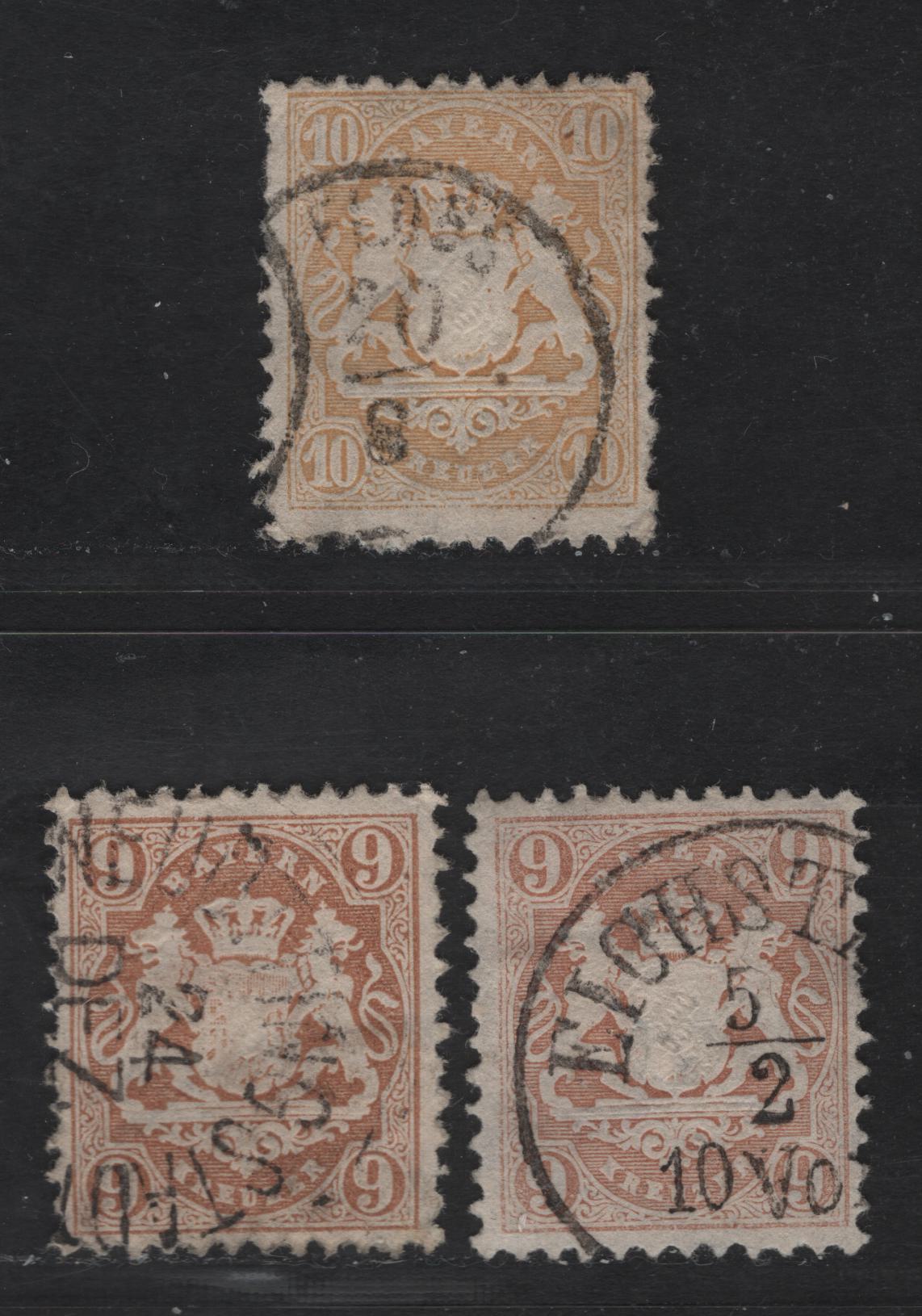 Bavaria #27, 28 9kr Pale Brown, Pale Orangish Brown, 10kr Yellow, 1870-1872 Embossed Arms Issue With Perf 11 1/2, Wmk 17mm Wide Lozenges, 3 Fine Used Singles All Fine Used Examples