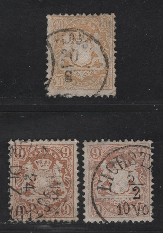 Bavaria #27, 28 9kr Pale Brown, Pale Orangish Brown, 10kr Yellow, 1870-1872 Embossed Arms Issue With Perf 11 1/2, Wmk 17mm Wide Lozenges, 3 Fine Used Singles All Fine Used Examples