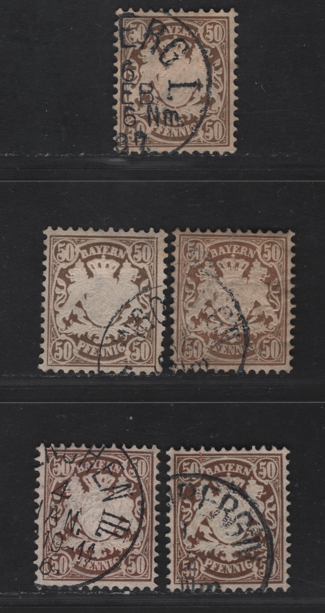 Bavaria #53 50pf Deep Bistre Brown, Bistre Brown, Olive Brown, Reddish Brown On White Yellowish Papers, 1881-1911 Embossed Arms Issue With Perf 11 1/2, Wmk Vert. Wavy Lines, 5 F & VF Used Singles First Two Bistre Brown Shades Are Yellowish Paper