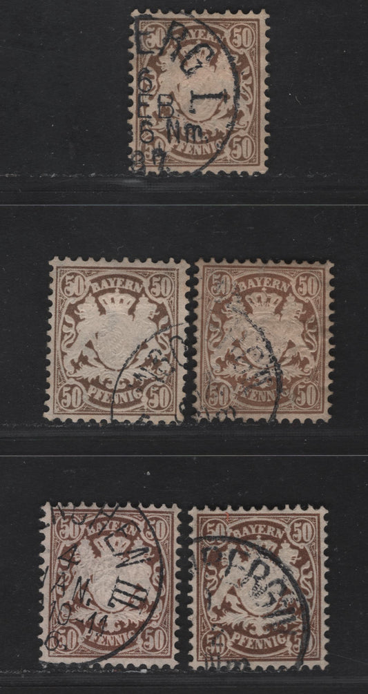 Bavaria #53 50pf Deep Bistre Brown, Bistre Brown, Olive Brown, Reddish Brown On White Yellowish Papers, 1881-1911 Embossed Arms Issue With Perf 11 1/2, Wmk Vert. Wavy Lines, 5 F & VF Used Singles First Two Bistre Brown Shades Are Yellowish Paper
