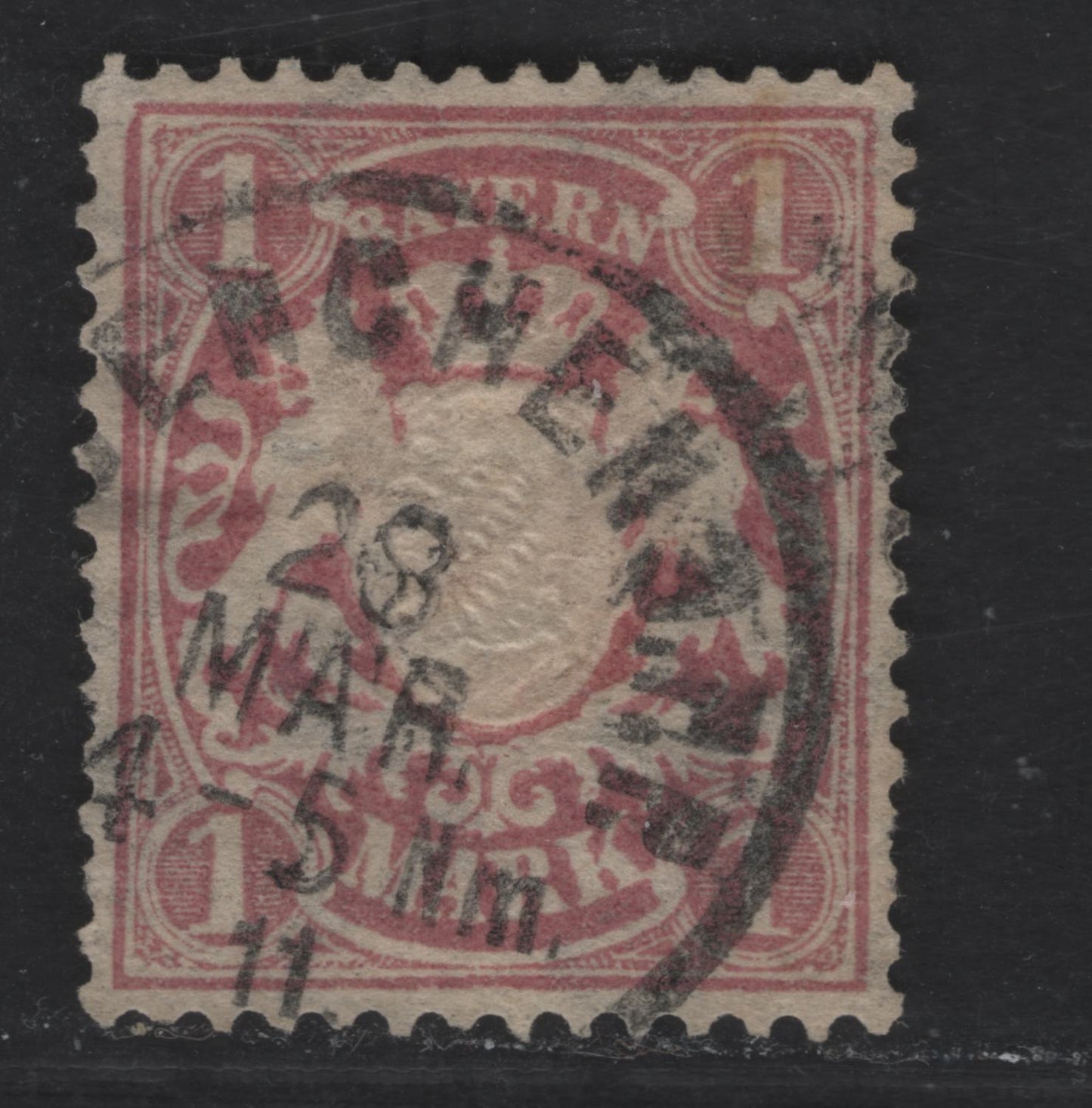 Bavaria Michel# 53yb, Scott #54c 1m Dull Brownish Lilac, 1881-1911 Embossed Arms Issue With Perf 11 1/2, Wmk Vert. Wavy Lines, A Fine Used Single On White Paper