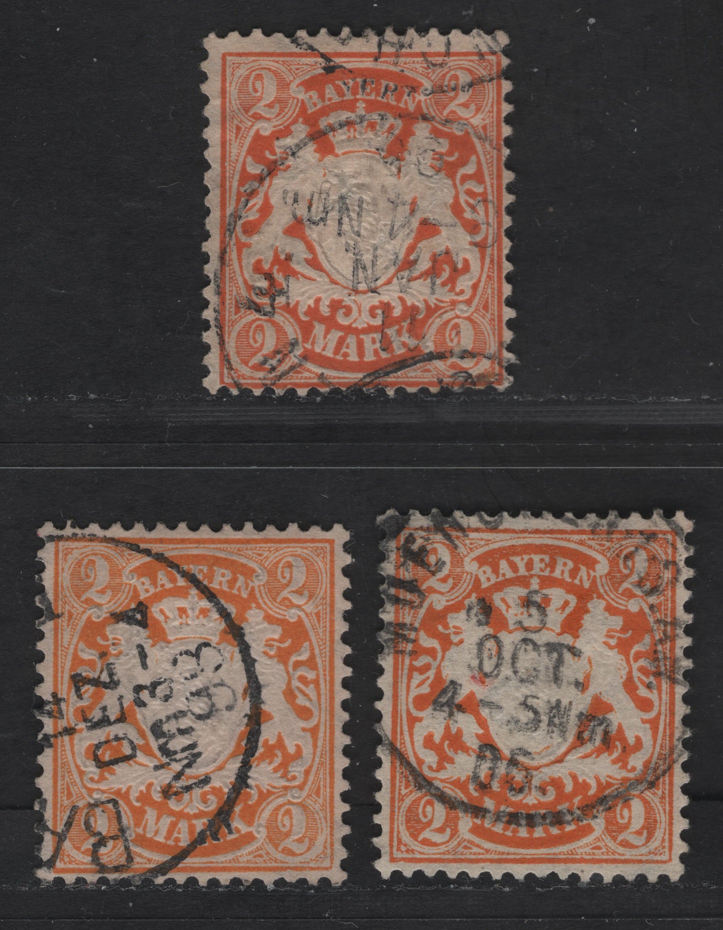 Lot 168 Bavaria #55 2m, 1881-1911 Embossed Arms Issue With Perf 11 1/2, Wmk Vert. Wavy Lines, 3 F & VF Used Singles Reddish Orange, Bright Orange & Yellowish Orange On White Paper