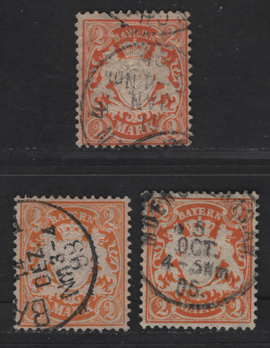 Lot 168 Bavaria #55 2m, 1881-1911 Embossed Arms Issue With Perf 11 1/2, Wmk Vert. Wavy Lines, 3 F & VF Used Singles Reddish Orange, Bright Orange & Yellowish Orange On White Paper