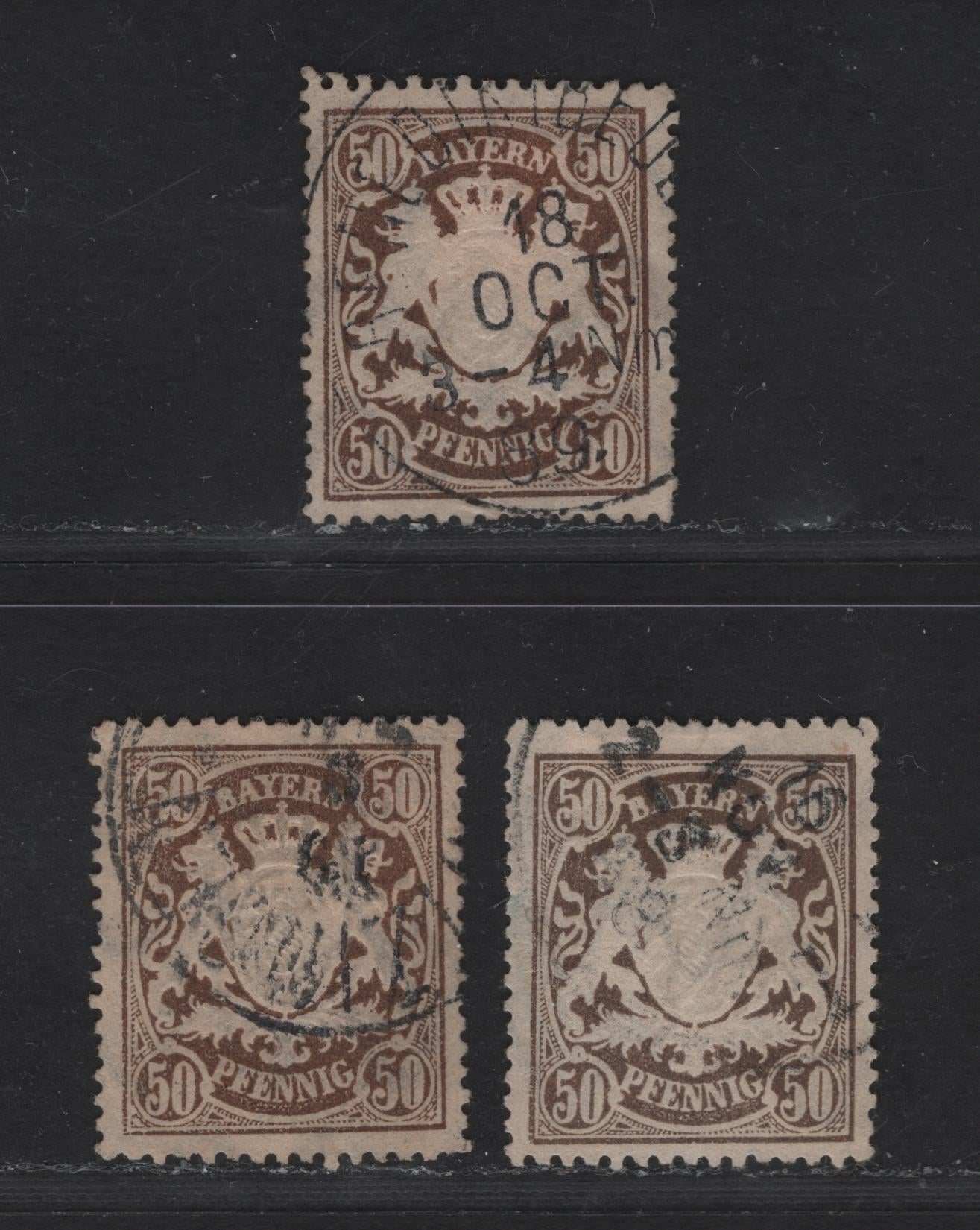Bavaria Michel# 59A, Scott#69 50pf Brown, Deep Brown & Deep Dull Brown, 1888-1899 Embossed Arms Issue, 3 VF Used Singles 1888 Printings With Small Perforation Holes & Wide Teeth