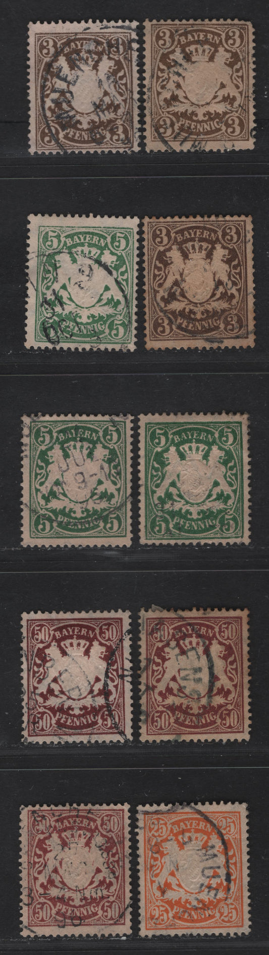 Bavaria #60a, 62a, 66a, 70a 3pf Ochre Brown, 5pf Dark Green, 25pf Orange & 50pf Maroon, 1888-1899 Embossed Arms Issue, 10 F & VF Used Singles 3 Shades Of 3pf,5pf 50pf