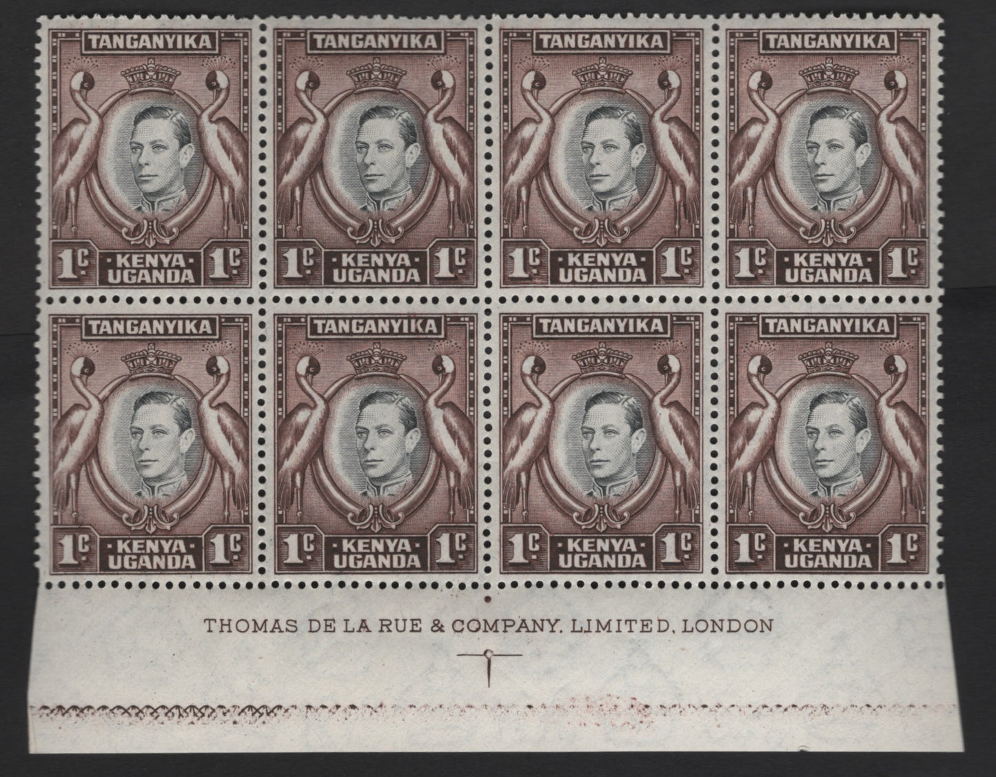 Lot 171 K.U.T SG#131ac 1c Black & Red Brown King George VI, 1938-1954 KGVI Pictorial Issue, A VFNH Block Of 8, Perf 13.25, Damaged Value Tablet, Multiple Script CA Wmk Ordinary Paper