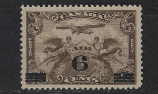 Canada #C3 6c on 5c Olive Brown Winged Figures  & Airplane, 1932 Surcharged Airmail Issue, A VFNH Single With Streaky, Satin Cream Gum