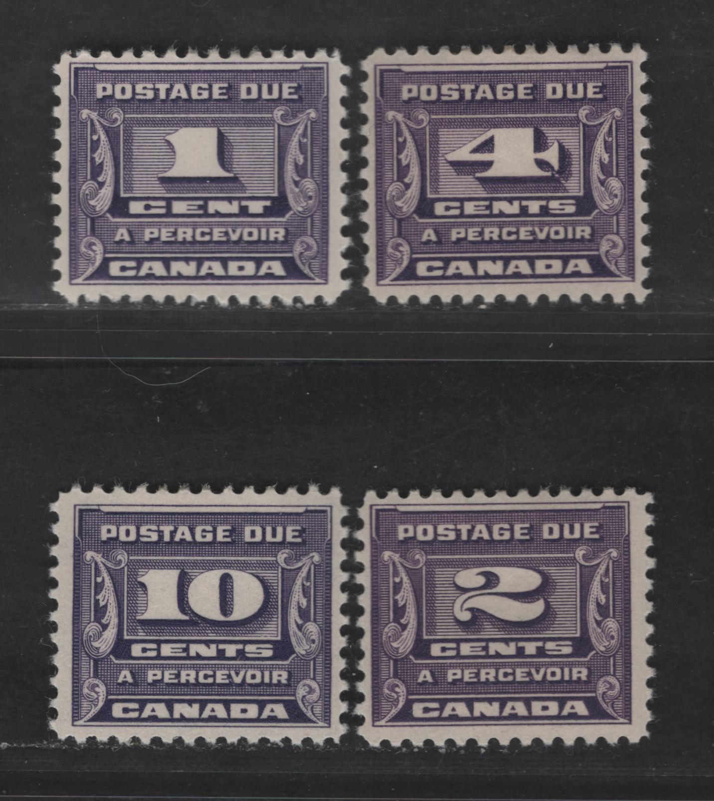 Lot 173 Canada #J11-J15 1c-10c Milky Bluish Violet & Reddish Violet Numeral On Fancy Background, 1933-1934 Third Postage Due Issue, 4 Fine & VFOG Singles With Semi-Gloss Cream & Yellowish Cream Gum