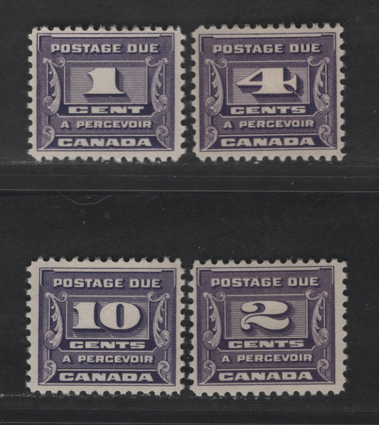 Lot 173 Canada #J11-J15 1c-10c Milky Bluish Violet & Reddish Violet Numeral On Fancy Background, 1933-1934 Third Postage Due Issue, 4 Fine & VFOG Singles With Semi-Gloss Cream & Yellowish Cream Gum