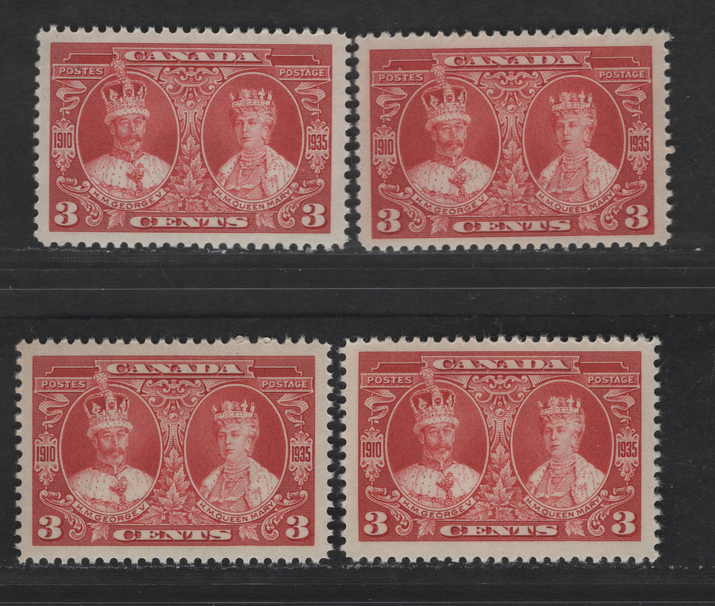 Lot 173 Canada #213 3c Carmine, Carmine Red & Deep Carmine Red King George V & Queen Mary, 1935 Silver Jubilee Issue, 4 VFNH Singles Different Paper & Gum Types - See Description For Details