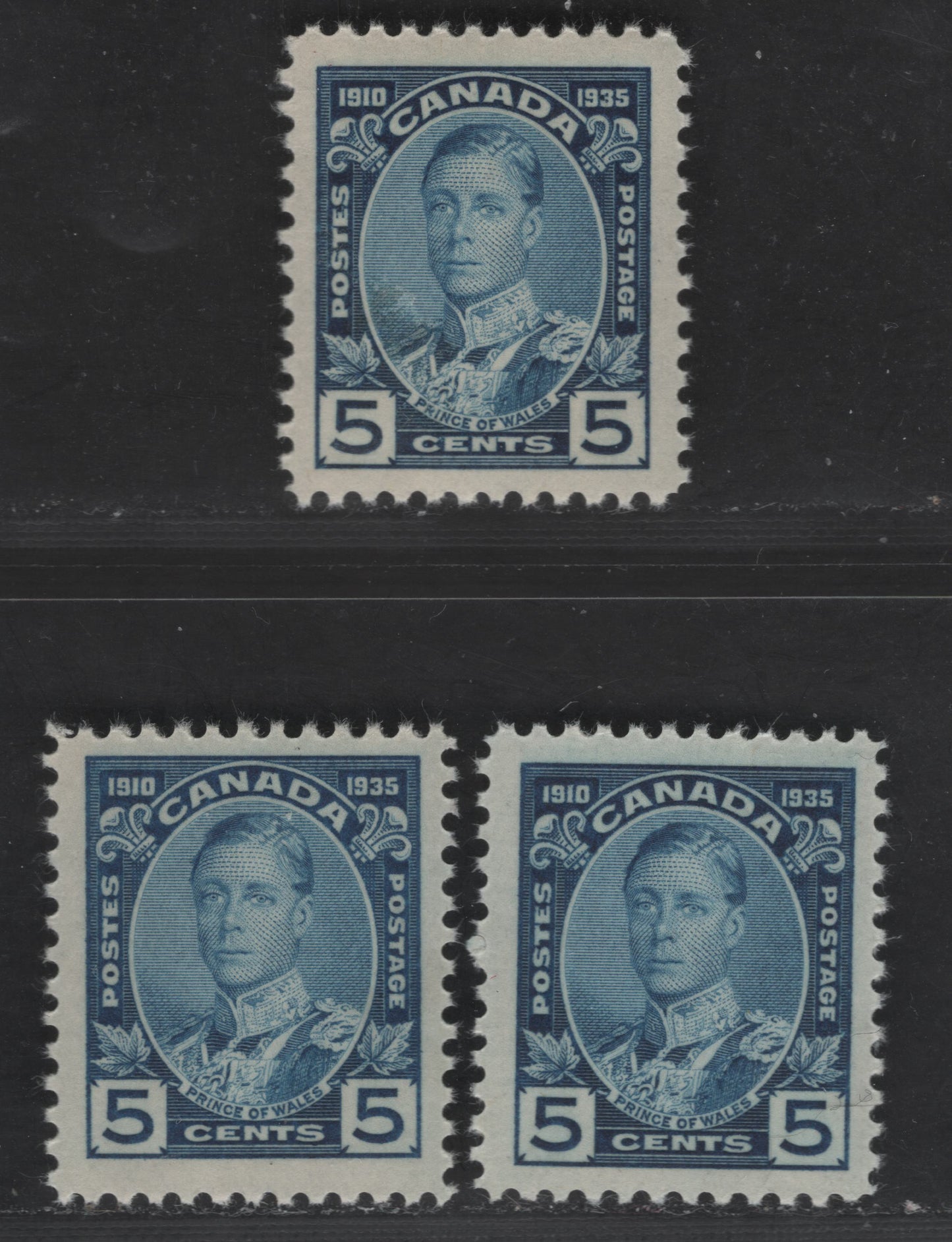 Lot 173 (C) Canada #214 5c Deep Blue, Bright Blue & Pale Blue Prince Of Wales, 1935 Silver Jubilee Issue, 3 Fine & VFNH Singles On Paper With Yellowish Cream Semi-Gloss Gum