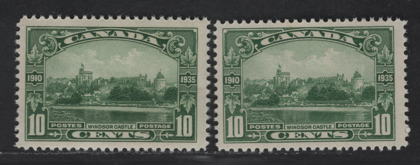 Lot 174 Canada #215 10c Deep Yellowish Green & Green Windsor Castle, 1935 Silver Jubilee Issue, 2 VFNH Singles Paper Without Visible Mesh, Smooth & Streaky Semi-Gloss Cream Gums