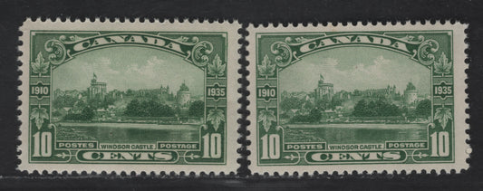 Lot 174 Canada #215 10c Deep Yellowish Green & Green Windsor Castle, 1935 Silver Jubilee Issue, 2 VFNH Singles Paper Without Visible Mesh, Smooth & Streaky Semi-Gloss Cream Gums