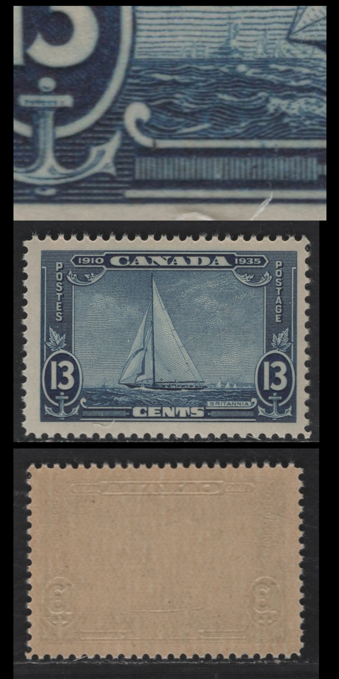Lot 174 Canada #216var 13c Deep Dull Blue Royal Yacht Britannia, 1935 Silver Jubilee Issue, A VFNH Single Broken Scroll To Left Of "Cents", Yellowish Satin Gum, Possibly Constant, Paper Without Visible Mesh
