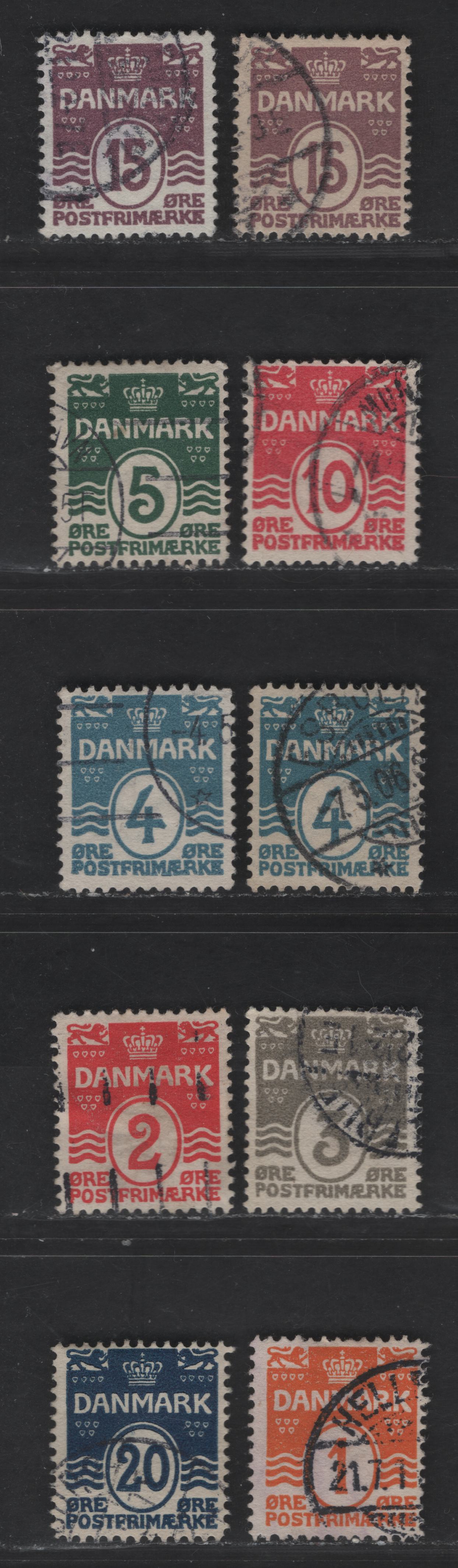 Denmark SC#57-64 1o - 20o Orange - Dark Blue Numeral, 1905-1917 Numeral Issue, 10 Fine/Very Fine Used Singles, Perf 13, Wmk 113