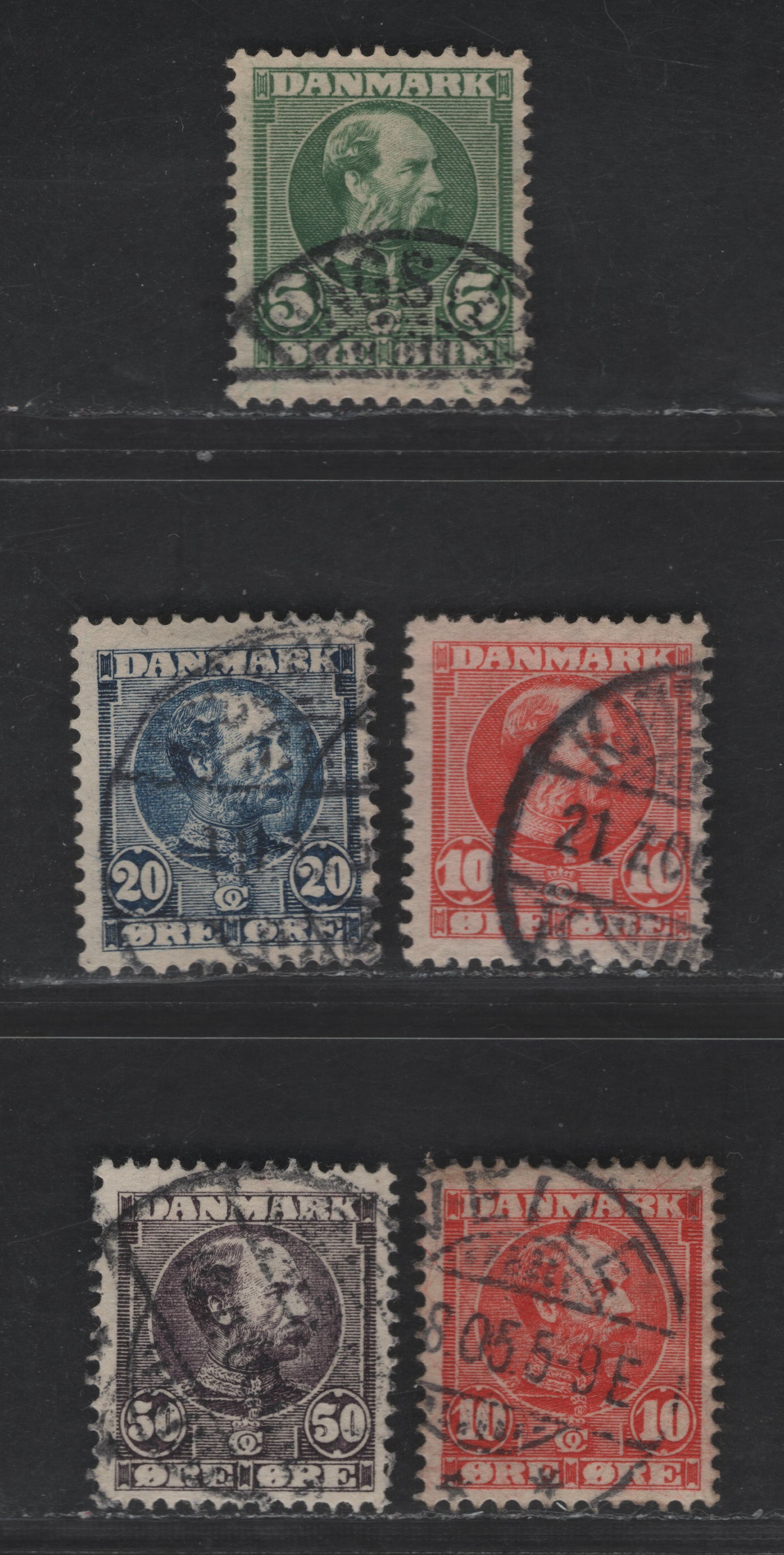 Denmark SC#65-66, 68, 70 10o - 5o Scarlet - Green King Christian IX, 1904-1906 King Christian IX Engraved & Re-Engraved Issues, 5 Fine Used Singles, Perf 13, Wmk 113