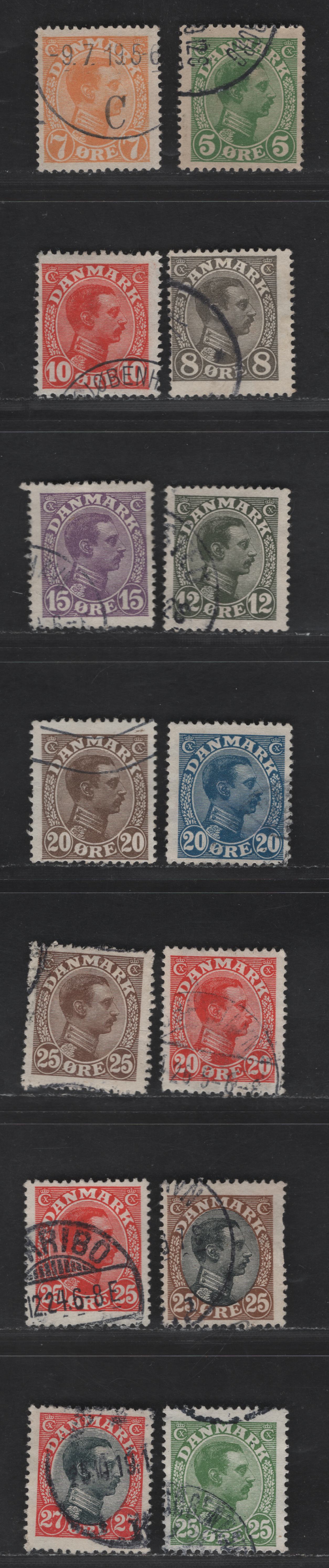 Denmark SC#97-110 5o - 27o Green - Vermillion & Black King Christian X, 1913-1928 King Chrsitian X Issue, 14 Fine Used Singles, Wmk 114, Perf 14x14.5