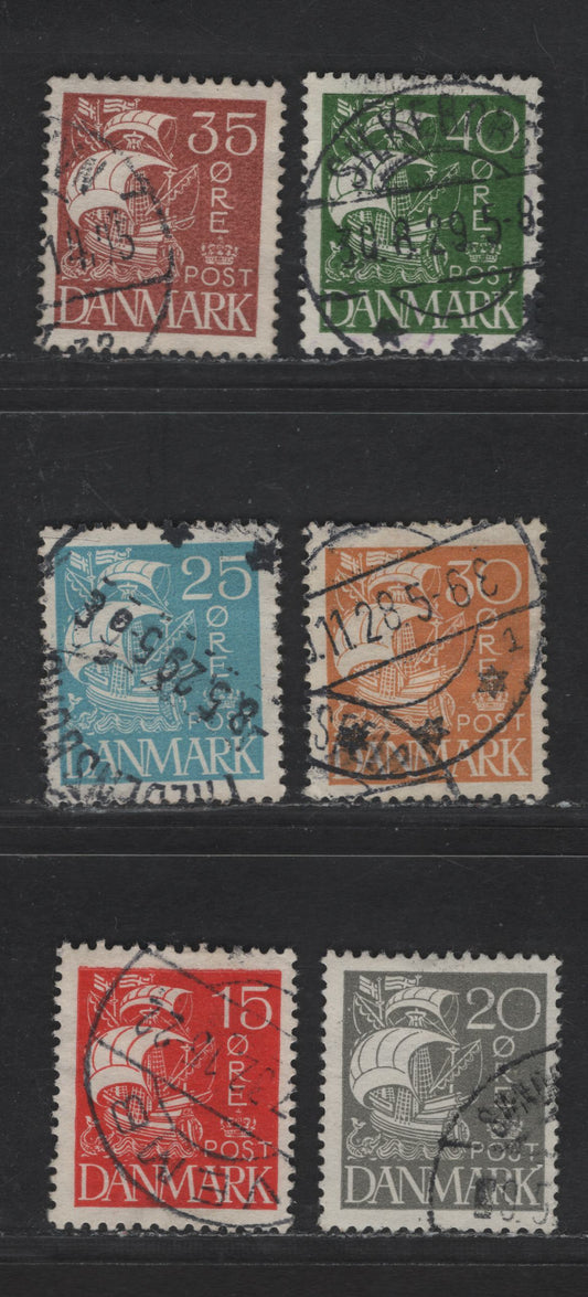 Denmark SC#192-197 15o - 40o Red - Yellow Green Caravel, 1927 Pictorial Issue, 6 F/VFOG Singles