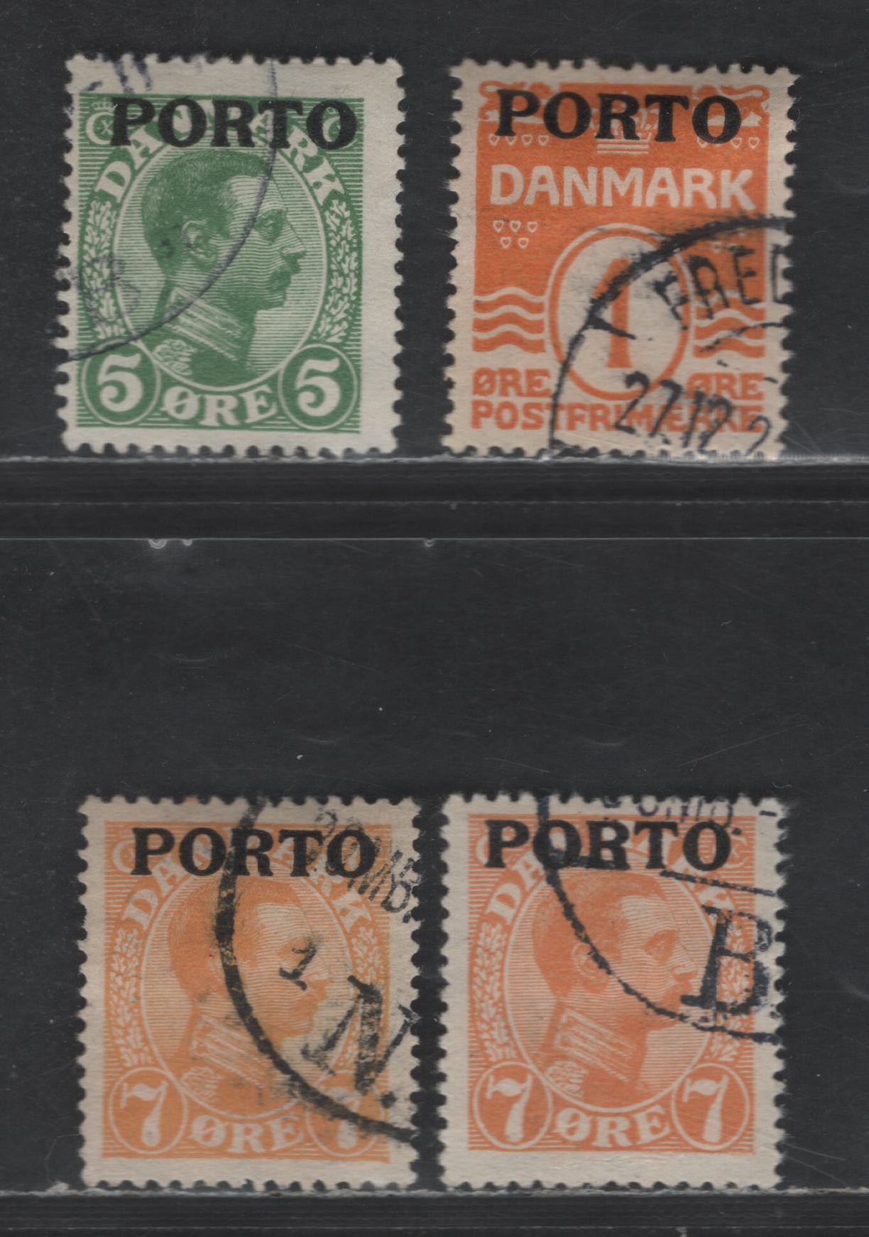 Denmark SC#J1-J3 1o - 7o Deep Orange - Orange Wavy Lined Numeral & King Christian X Overprinted, 1921 Postage Due Issue, 4 Fine/Very Fine Used Singles, Wmk 114, Perf 14x14.5 Two Shades of 7o