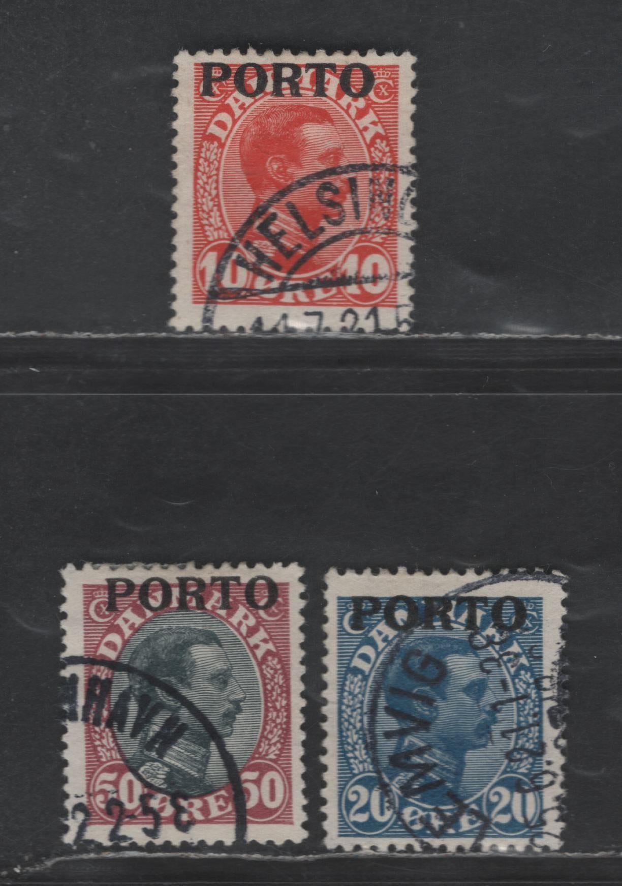 Denmark SC#J4-J5, J7 10o - 50o Red - Claret & Black King Christian X Overprinted, 1921 Postage Due Issue, 3 Fine Used Singles, Wmk 114, Perf 14x14.5