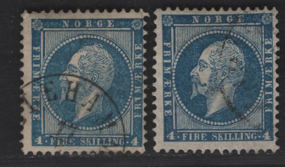 Norway SC#4 4s Deep Blue & Blue King Oscar I, 1856-1857 King Oscar I Issue, 2 Fine Used Singles, Unwatermarked, Perf 13