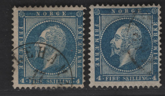 Norway SC#4 4s Deep Blue & Blue King Oscar I, 1856-1857 King Oscar I Issue, 2 Fine Used Singles, Unwatermarked, Perf 13