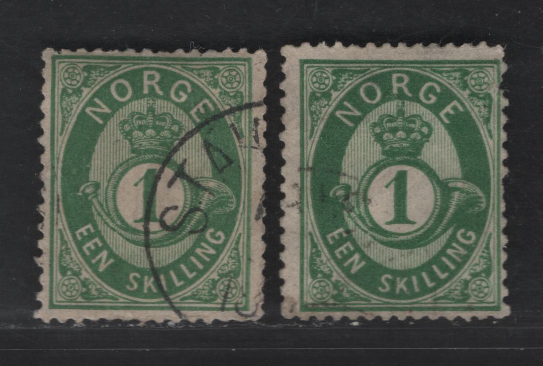 Norway SC#16a 1s Dark Green & Dark Yellow Green Post Horn & Crown, 1872-1875 Post Horn Issue, 2 VG/FOG Singles, Wmk 160, Perf 14.5x13.5, Vertical Crease On Dark Yellow Green