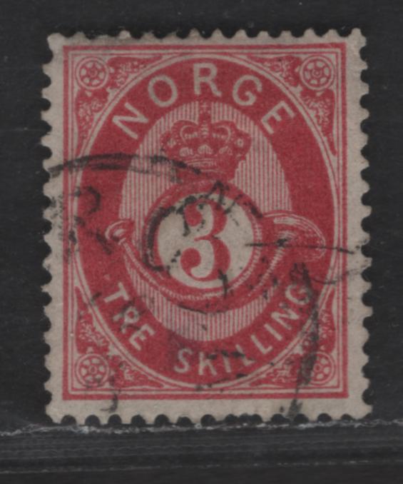 Norway SC#18 3s Rose Post Horn & Crown, 1872-1875 Post Horn Issue, A Fine Used Single, Medium Paper, Wmk 160, Perf 14.5x13.5