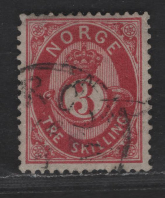 Norway SC#18 3s Rose Post Horn & Crown, 1872-1875 Post Horn Issue, A Fine Used Single, Medium Paper, Wmk 160, Perf 14.5x13.5